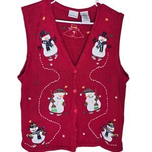 Bobbie Brooks Red Ice Skating Snowmen Christmas Sweater Vest Women's XL 16-18